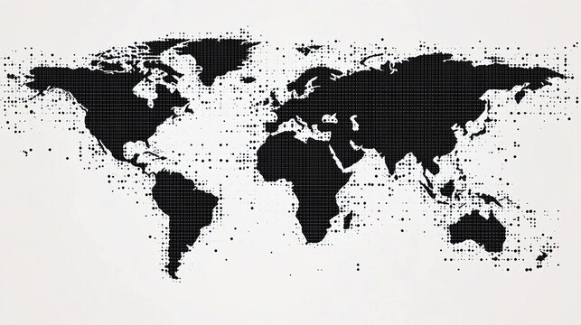 Fototapeta world map black dots squares pixel art style on white background png tech technology global globe international connections communication 3d rendered illustration