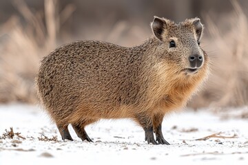 Naklejka premium Adorable capybara standing in snowy landscape