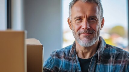 Fototapeta premium Person donating medical supplies middle-aged white man with short gray hair bright background clean layout copy space