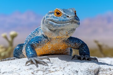Obraz premium Vibrant lizard poses on sunlit rock in arid desert landscape