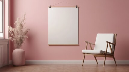 Stylish interior with a blank canvas and a cozy chair against a pink wall.