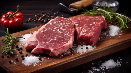 Raw meat steaks portioned, tenderized and seasoned on a wooden cutting board