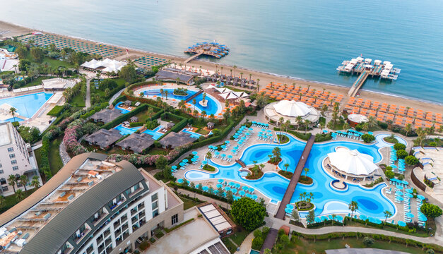 Belek, Antalya, Turkey - July 16, 2024: Aerial drone view of Kaya Palazzo Golf Resort in Belek, Turkey