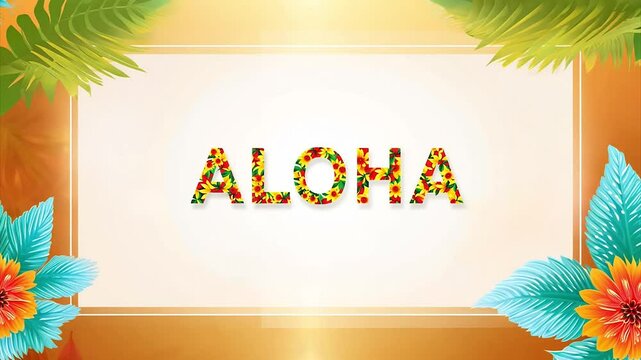Colorful tropical flowers and leaves create a vibrant backdrop featuring the word aloha in festive atmosphere.