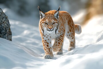 Fototapeta premium Majestic lynx strolling through pristine winter landscape capturing natural grace