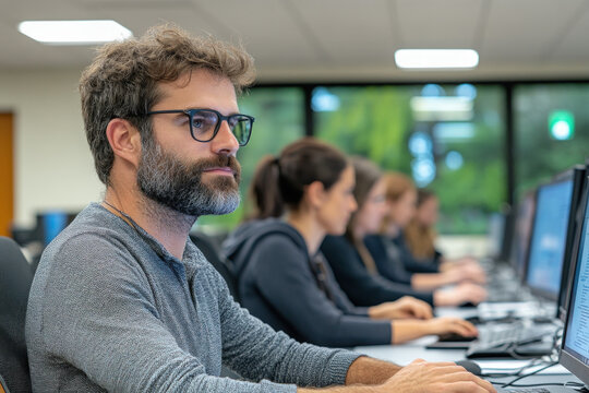Diverse Team Of Customer Service Reps Collaborating In An Open Office Space, With Computers And Communication Tools, Emphasizing Teamwork And Support