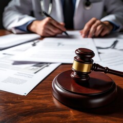 Closeup of judge gavel of stethoscope doctor in background writing notes