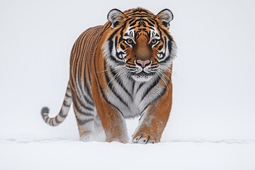 Obraz premium Majestic tiger walking through snowy wilderness with intense gaze