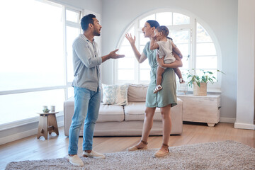 Frustrated couple, argument and fighting with baby for breakup, divorce or disagreement in living...