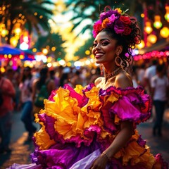Cuban women in traditional clothing show the colonial times on Old Havana street