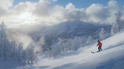Snowy Mountain Landscape with Skier and Clear Sky