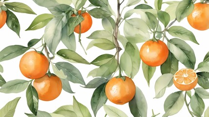 Watercolor botanical illustration of clementines on the vine arranged in a seamless, repeating pattern. Vintage. Mediterranean fruits. Orange and green background. Healthy food. 
