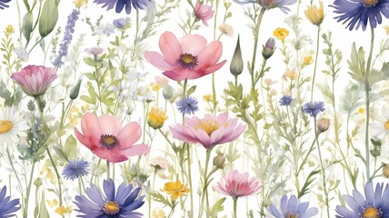Obraz premium Watercolor botanical illustration of a variety of field wildflowers arranged in a seamless, repeating pattern. Mix of daisies, cornflowers, buttercups. Floral background.