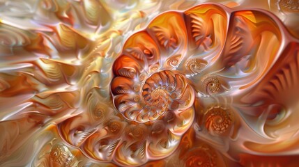 Nautilus shell highlighted in an abstract setting, showcasing its detailed spiral. The shell's geometric design is a beautiful display of marine life and nature.