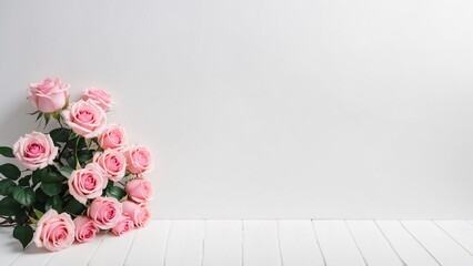 Bunch of pink roses blank white floor and wall mockup background