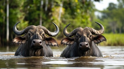 Naklejka premium Two Water Buffaloes in a Tropical Lake