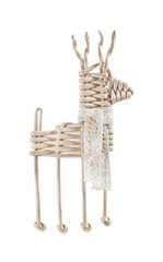 White deer woven from white twisted paper with white knitted openwork scarf isolated on white background