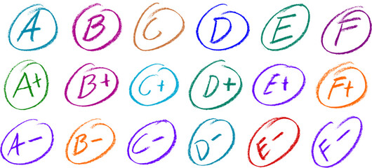 School Grades Plus Minus from A to F  Crayon Chalk Drawing Vector Set