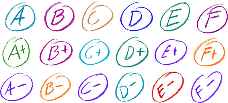 School Grades Plus Minus from A to F  Crayon Chalk Drawing Vector Set