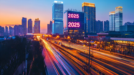 Fototapeta premium Modern cityscape at twilight with 2025 displayed on a prominent building in glowing lights