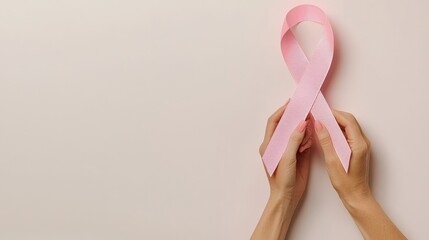 A person holds a pink ribbon, symbolizing awareness for breast cancer, against a neutral background.