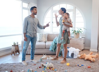 Frustrated couple, fight or disagreement with baby for breakup, divorce or argument in living room...