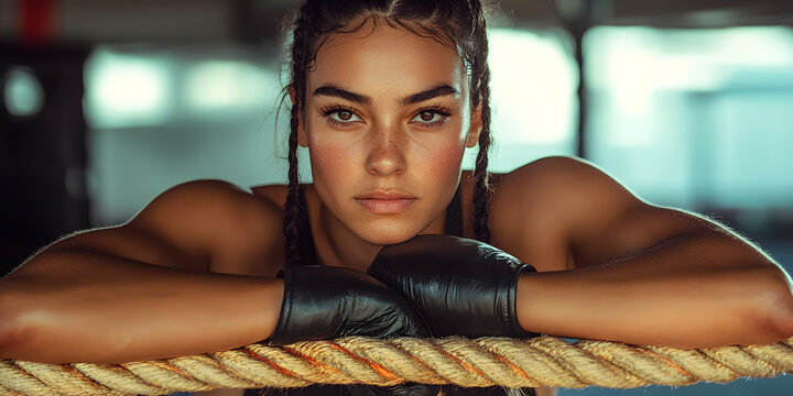 Powerful shot of a female boxer in fighting position, standing strong with her fists raised, bandages tightly wrapped around her hands, ready for her next challenge in the ring