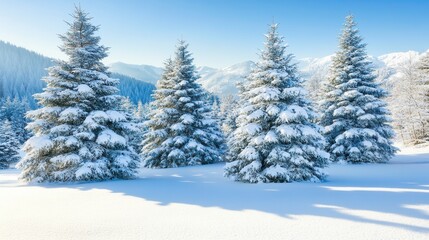 Fototapeta premium Serene winter landscape with -covered pine trees mountains