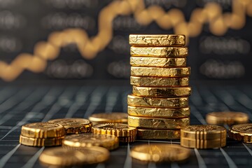 Stack of golden pound sterling coins against blurred financial chart background showing market growth and investment returns for business and finance concept.