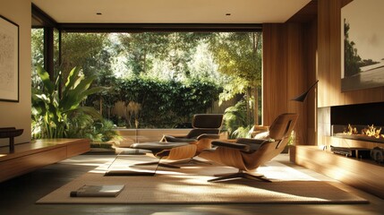 Fototapeta premium Stylish living room with modern furniture and lush greenery view through large windows.