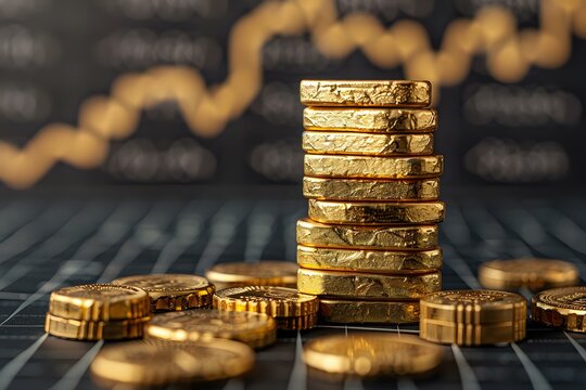 Stack of golden pound sterling coins against blurred financial chart background showing market growth and investment returns for business and finance concept.