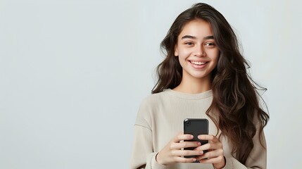 Fototapeta premium Young Asian woman with long dark hair and bright smile holding smartphone, wearing beige sweater against white background, perfect for business, communication or lifestyle design.