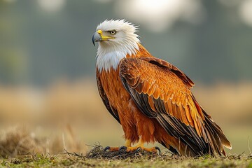 Obraz premium Majestic eagle poses on ground with intense gaze in natural habitat