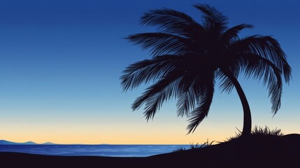 Obraz premium Silhouette of a palm tree on a beach at sunset.