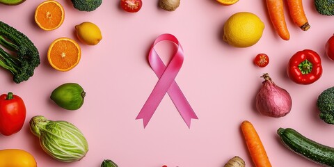 A vibrant arrangement of fresh vegetables and fruits surrounds a pink ribbon, symbolizing awareness and support, set against a soft pink background.