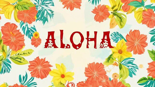 Colorful tropical flowers and leaves create a vibrant backdrop featuring the word aloha in festive atmosphere.