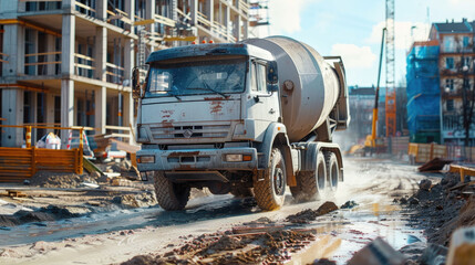 A cement mixer truck moves through a construction site, showcasing industrial activity.