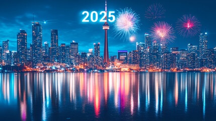 Fototapeta premium Night view of a city s skyline with fireworks lighting up the sky and 2025 glowing above