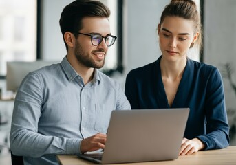 Fototapeta premium Two business people using a laptop together in a workplace