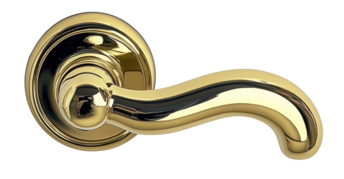 Polished gold door handle with an elegant curve on transparent background, great for luxury interior themes.