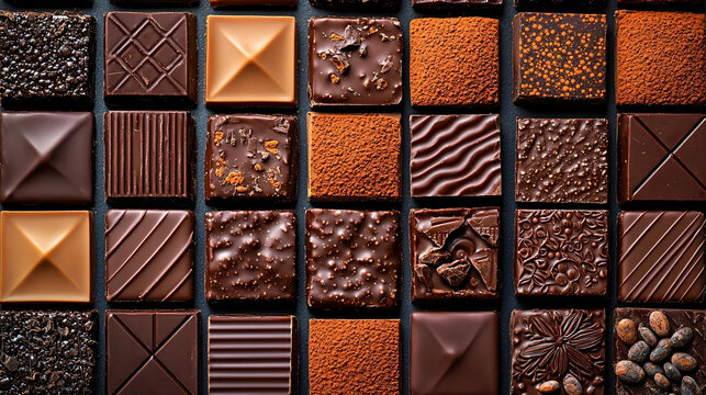 An assortment of square gourmet chocolates in various textures and designs, including smooth, striped, sprinkled, and patterned pieces, arranged in a grid on a dark background for a luxurious and enti