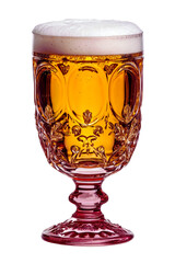 A glass mug filled with beer with foam isolated over transparent background, PNG cut-out