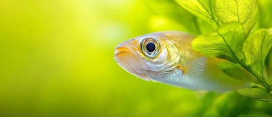 A small yellow fish swimming in an aquarium with green leaves
