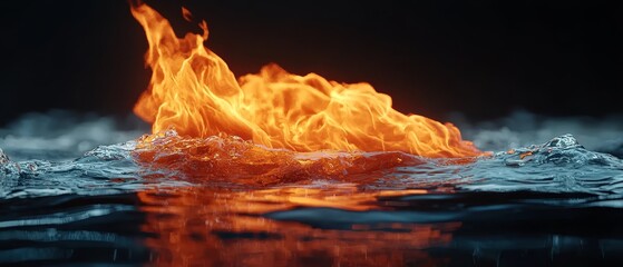 A fire is burning in the water on a black background