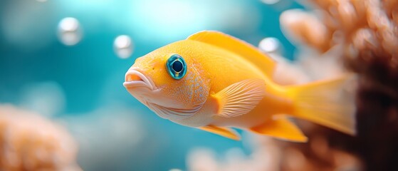 Fototapeta premium A close up of a yellow fish swimming in an aquarium