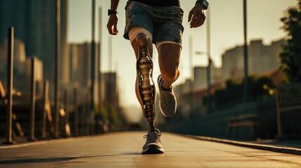 A determined athlete with a prosthetic leg running on a city street at sunset.