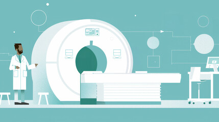A doctor stands near a modern MRI machine in a clinical setting, ready to assist patients.