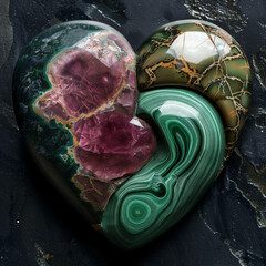 Obraz premium Red and green stone heart on black background. ruby stone and malachite are connected in the shape of a heart