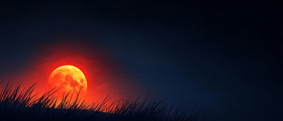 A full moon rising over a grassy field at night