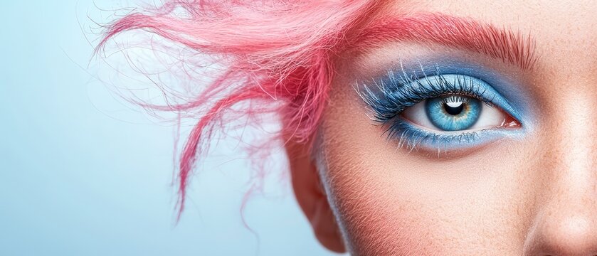  A close up of a woman's face with pink hair and blue eyes